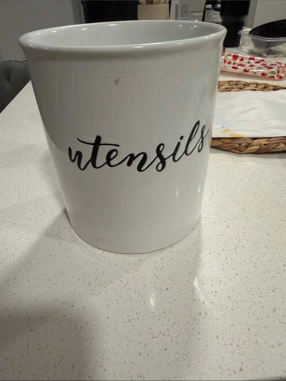 White Ceramic Utensils Crock with Black Script